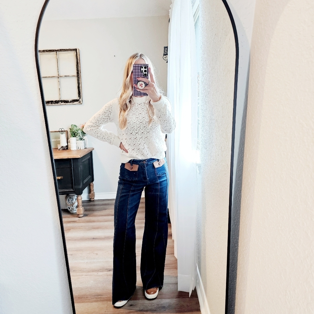 RISEN HR Dark Wide Flare Jeans Front Seam Leather Flap Patch Pocket Various NEW - Picture 5 of 13